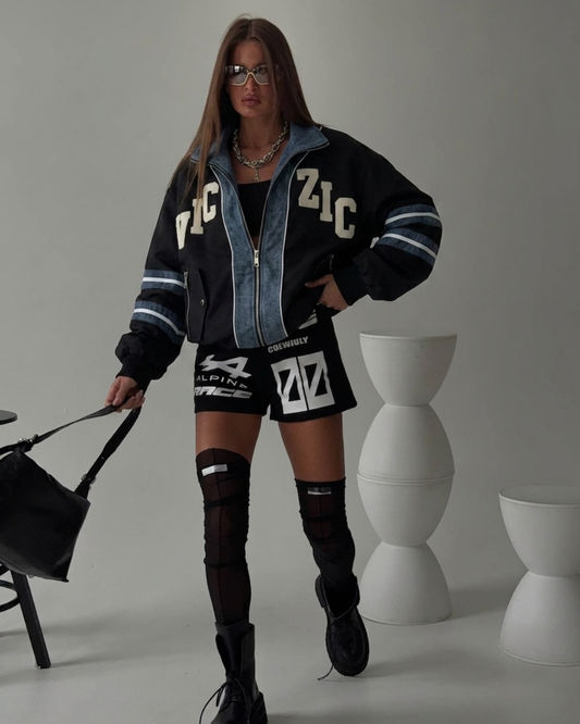Oversized Contrast Bomber Jacket with Denim Trim