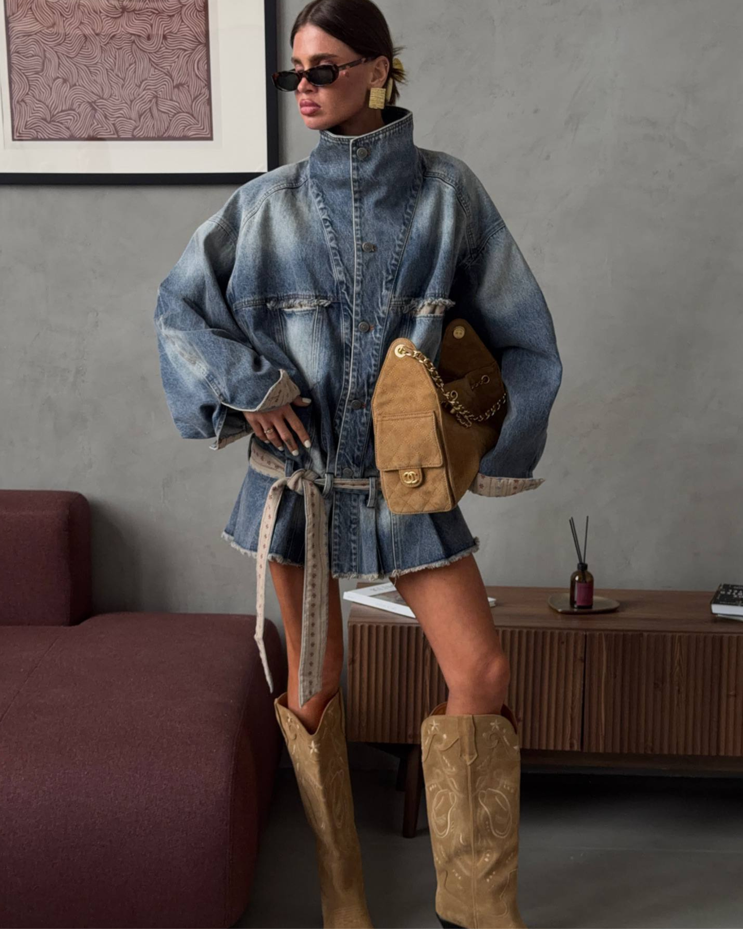 Oversized vintage mini Denim Jacket- Dress with Wash Distressed Denim