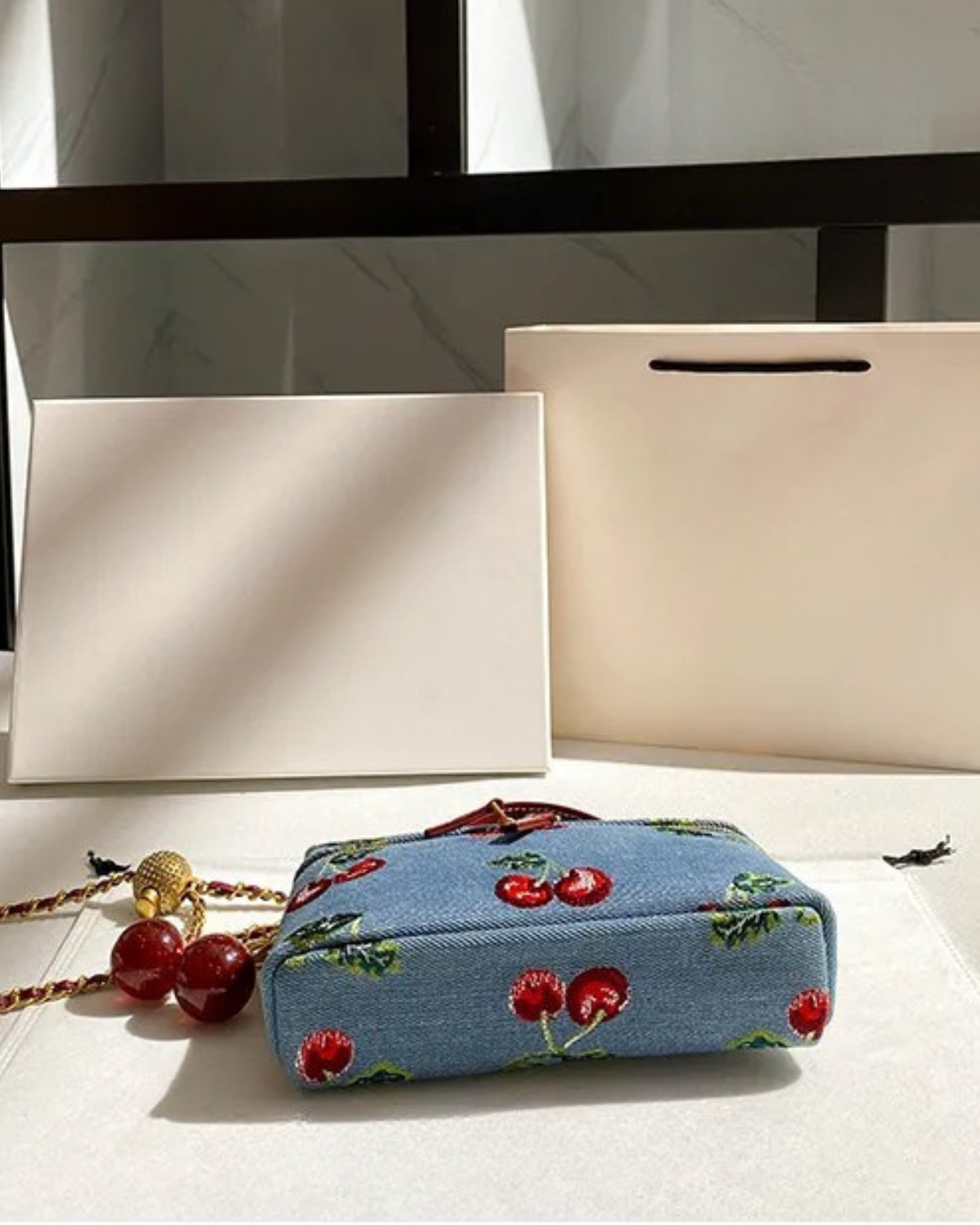 “ Cherry Blossom” Denim Embroidered Bag