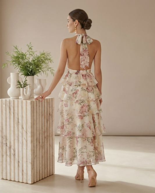 Elegant Romantic Garden Floral Tiered Halter Midi Dress
