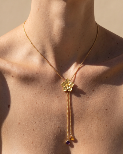 Gold Flower Pendant Necklace – Adjustable Lariat Chain, Gold Plated