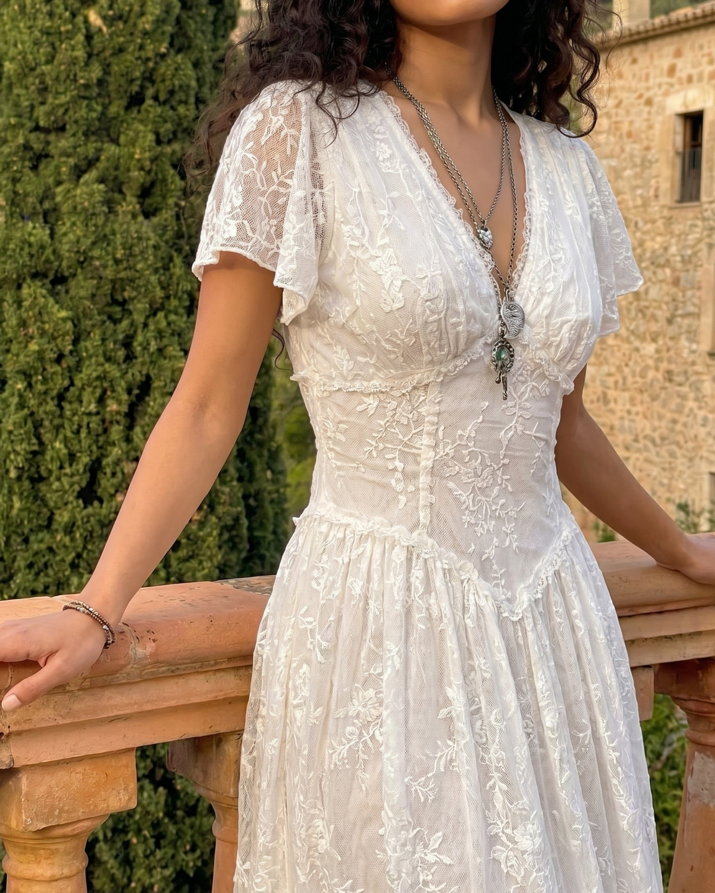 White Embroidered Rayon Blend Midi Dress