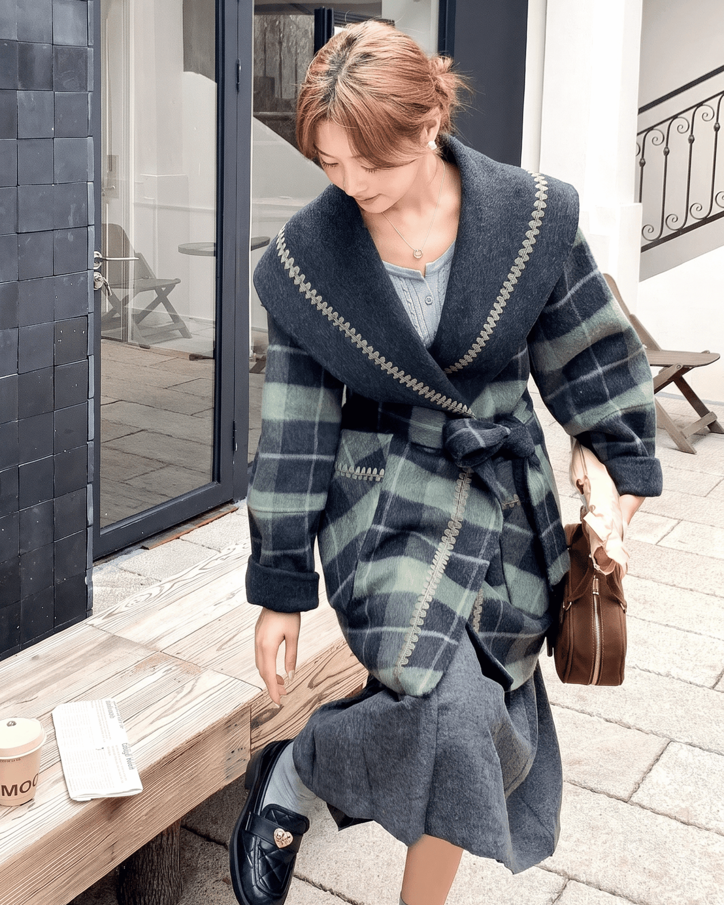 Reversible Check Pattern Midi Wool Coat