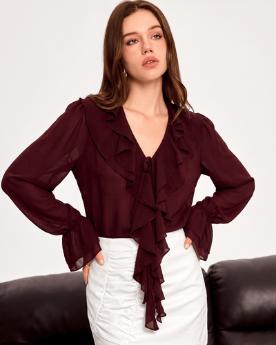 Womens Leaf Trim V-Neck Blouse