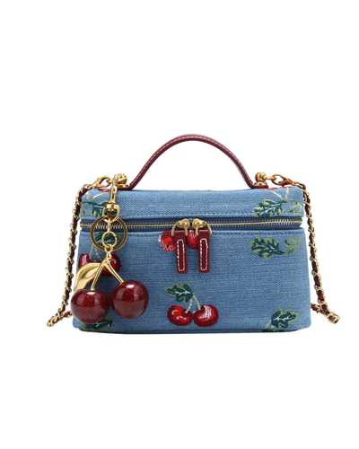Cherry Blossom Denim Embroidered Vanity Bag