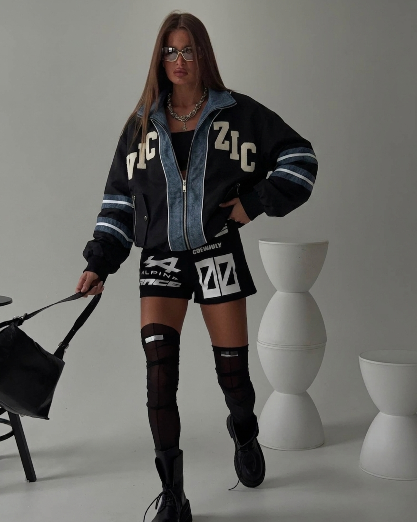 Oversized Contrast Bomber Jacket with Denim Trim⁠