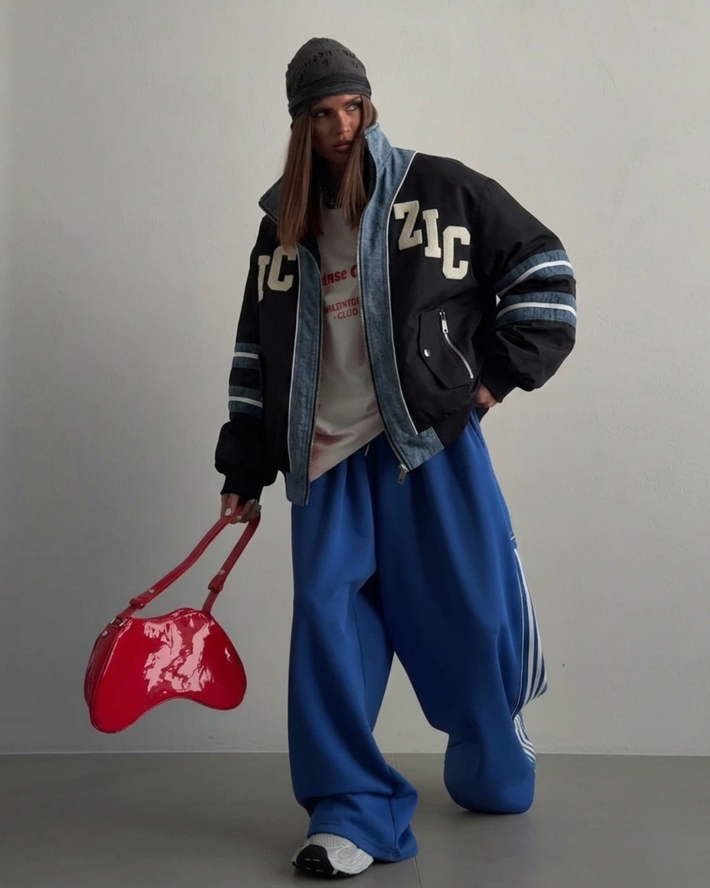 Oversized Contrast Bomber Jacket with Denim Trim⁠
