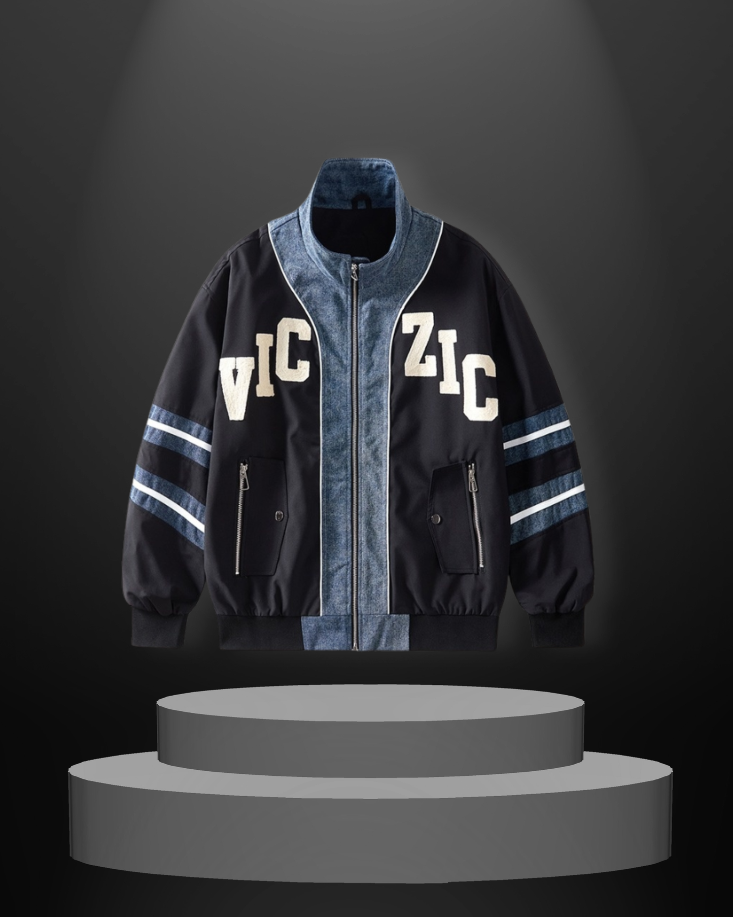 Oversized Contrast Bomber Jacket with Denim Trim⁠