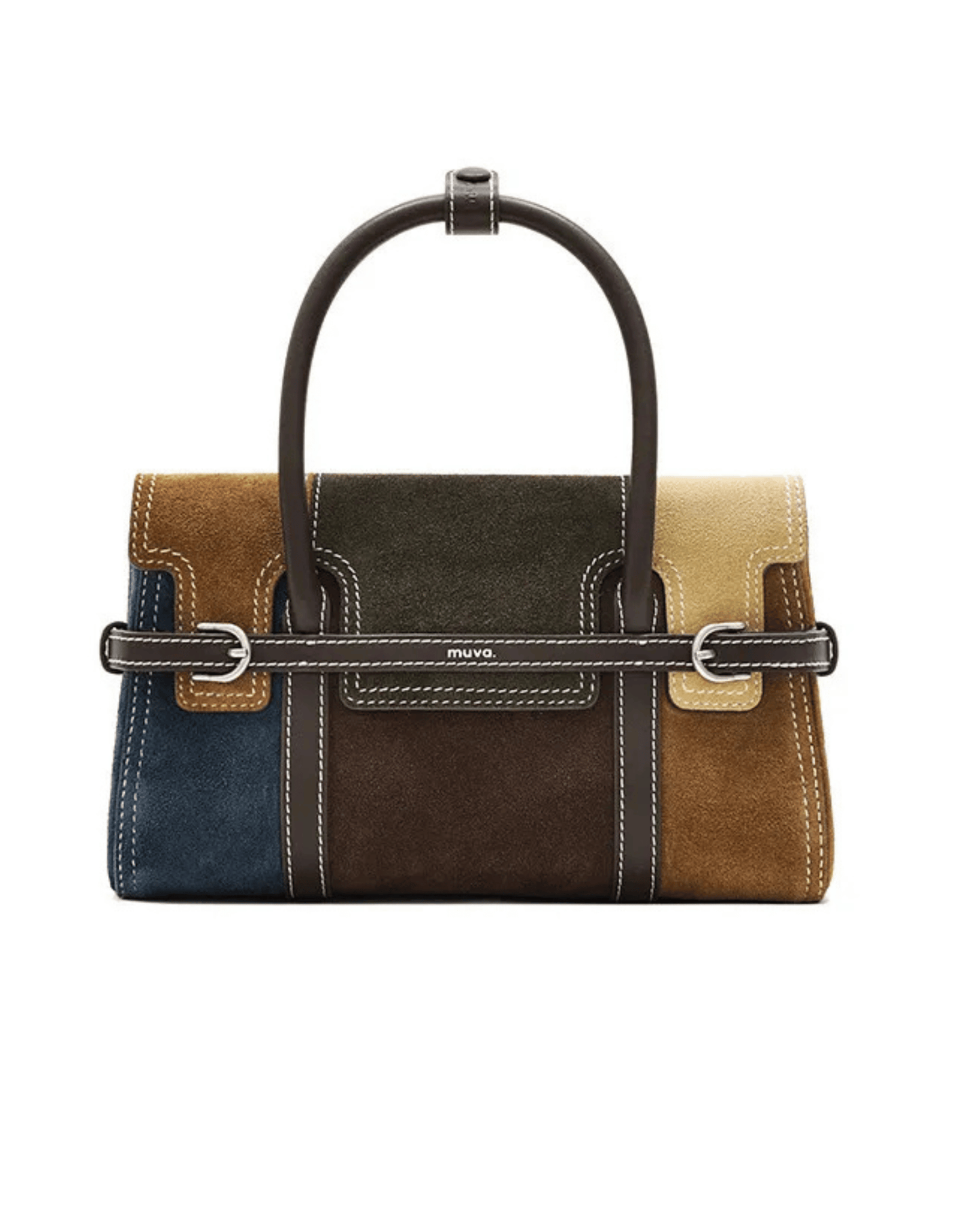 Colorblock Suede Handbag with Buckle Strap