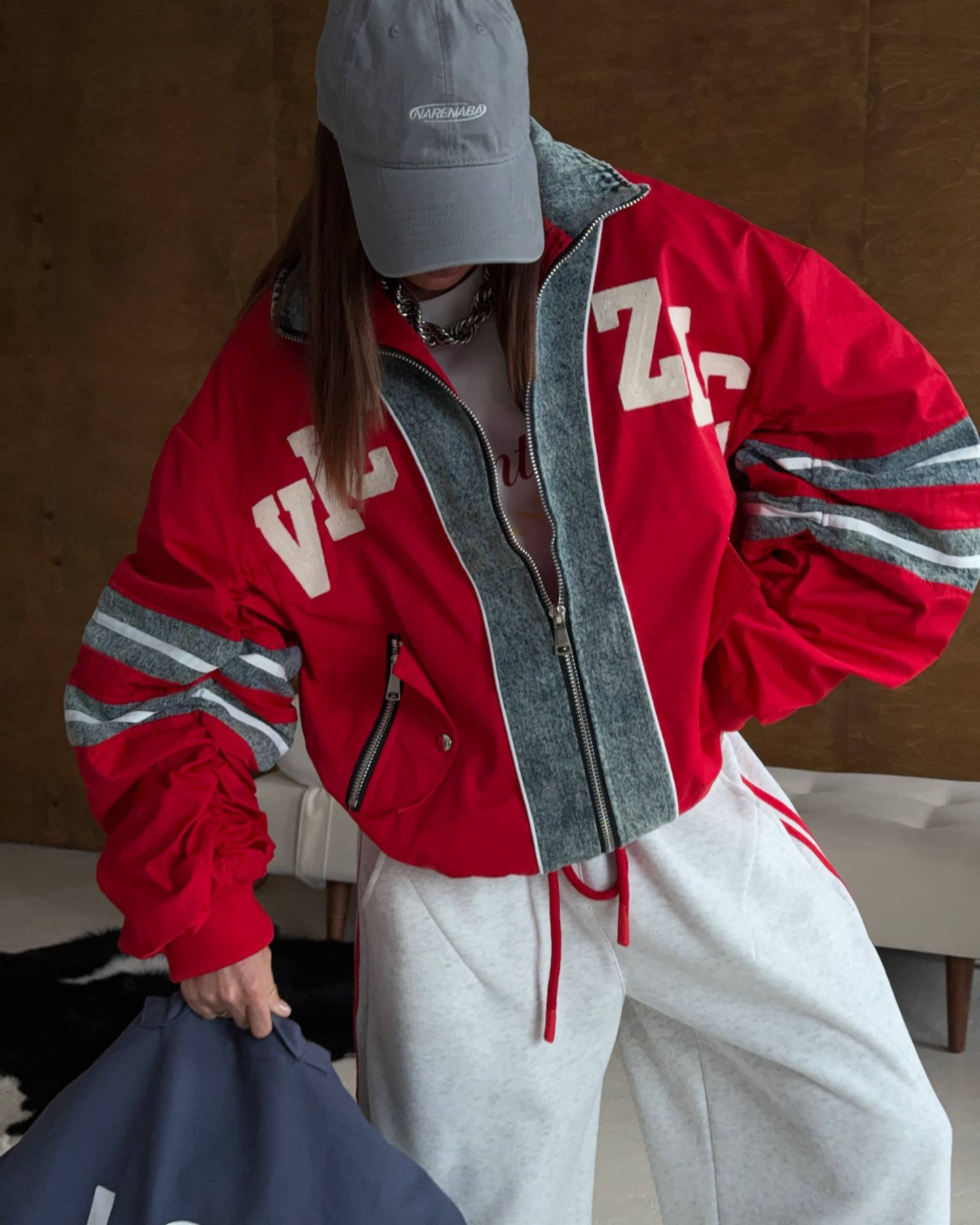 Oversized Contrast Bomber Jacket with Denim Trim⁠