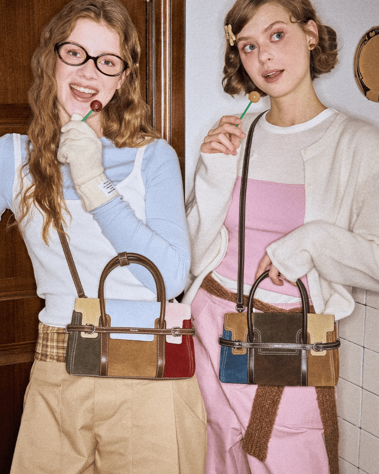 Colorblock Suede Handbag with Buckle Strap