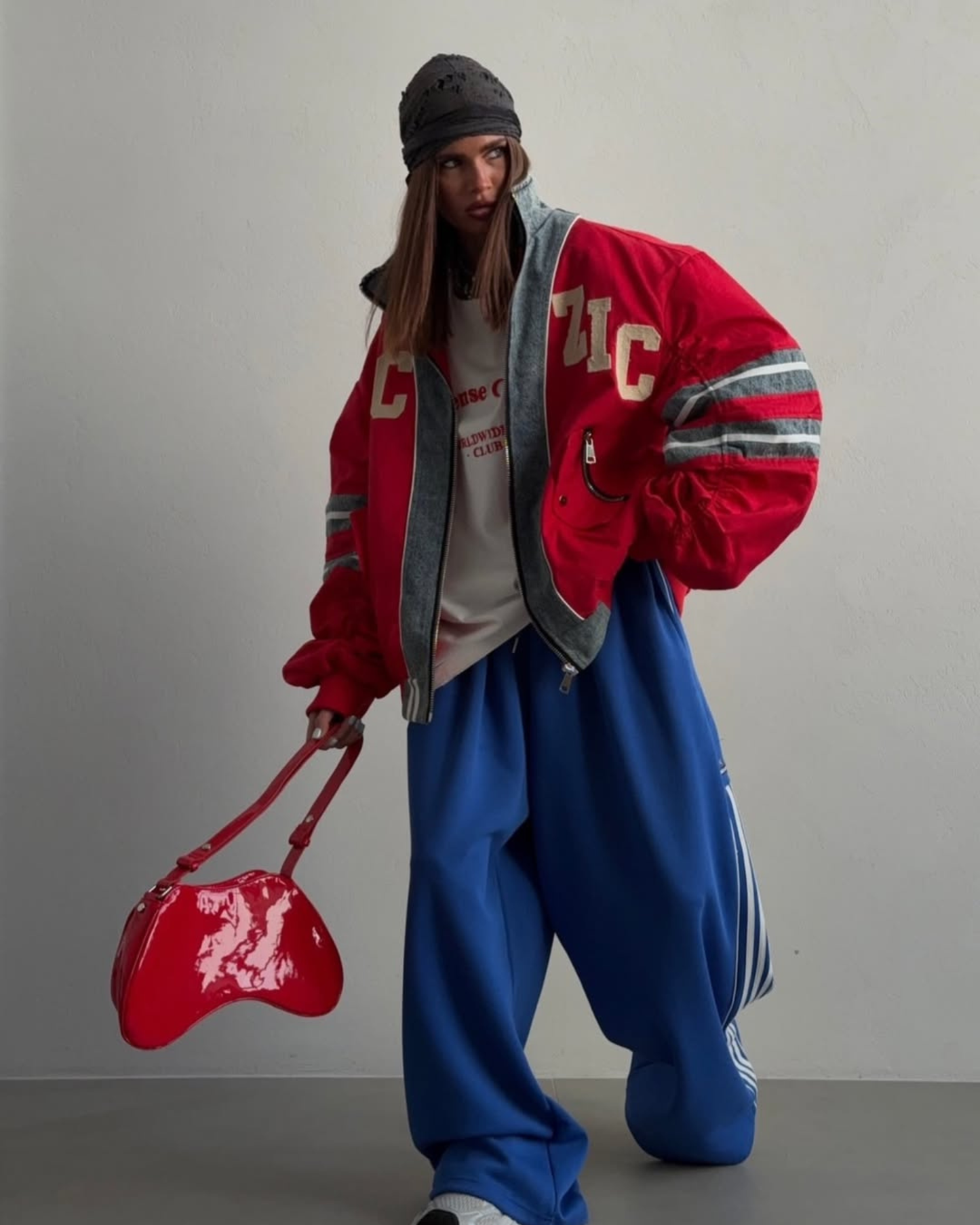 Oversized Contrast Bomber Jacket with Denim Trim⁠