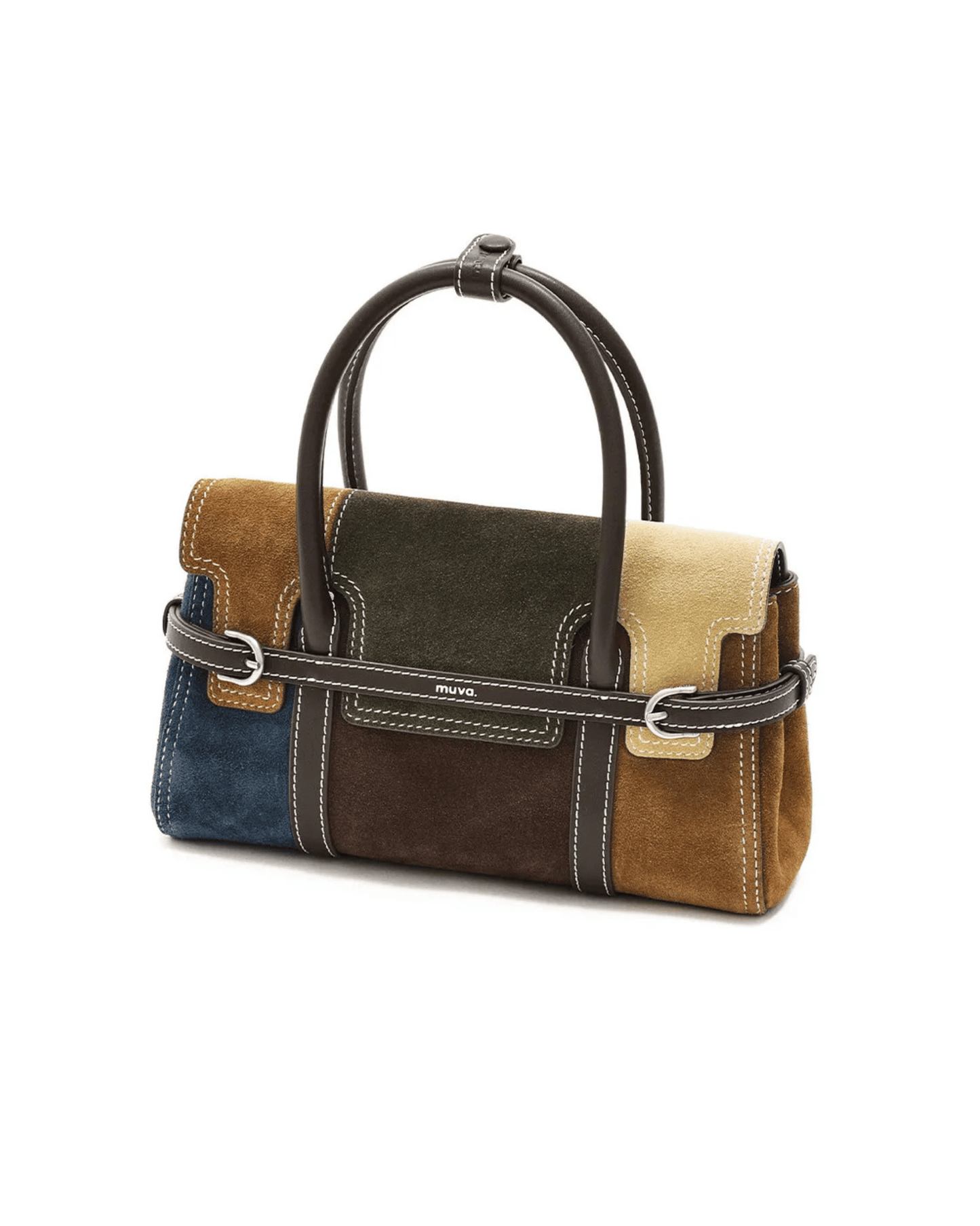 Colorblock Suede Handbag with Buckle Strap
