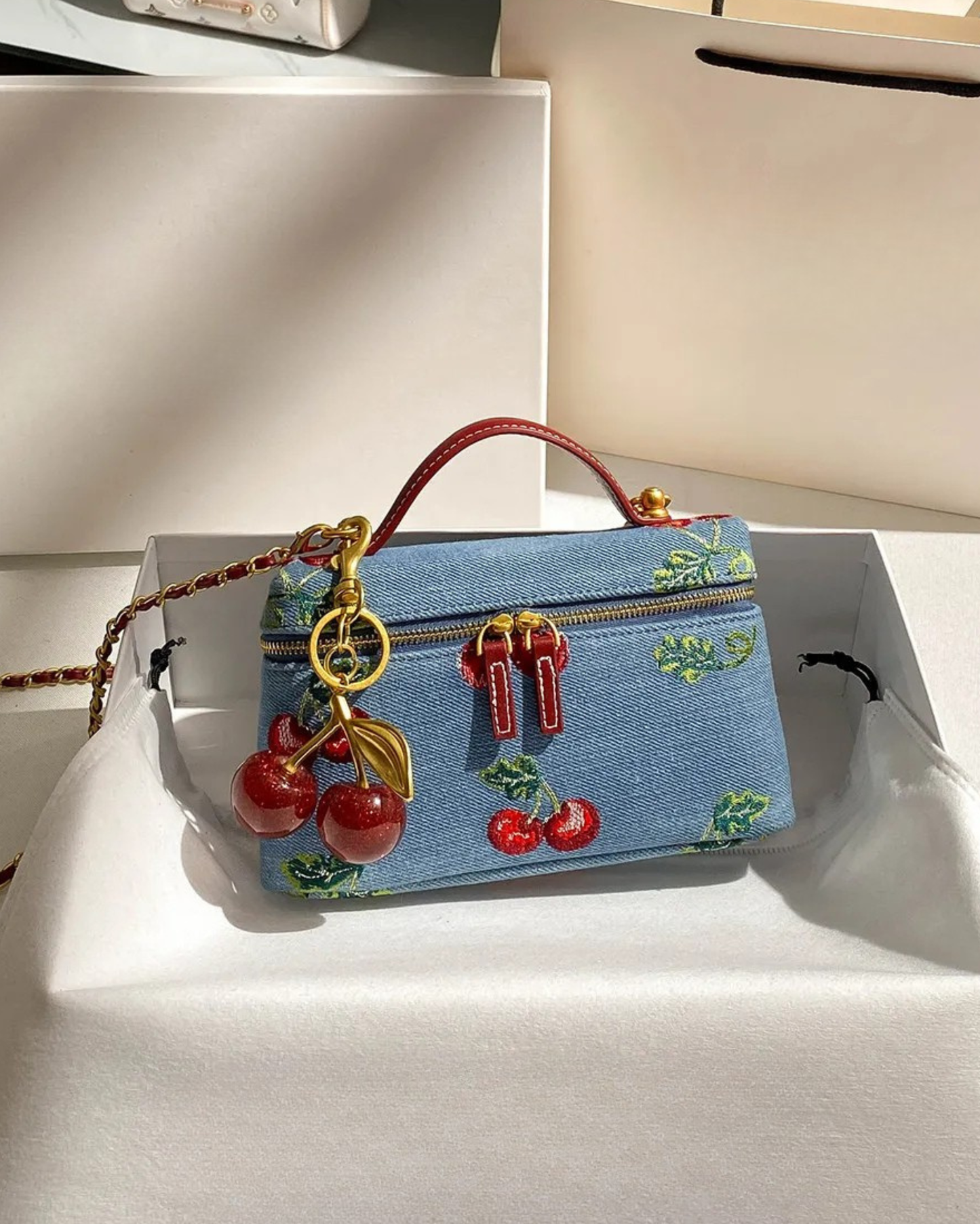 “ Cherry Blossom” Denim Embroidered  Bag