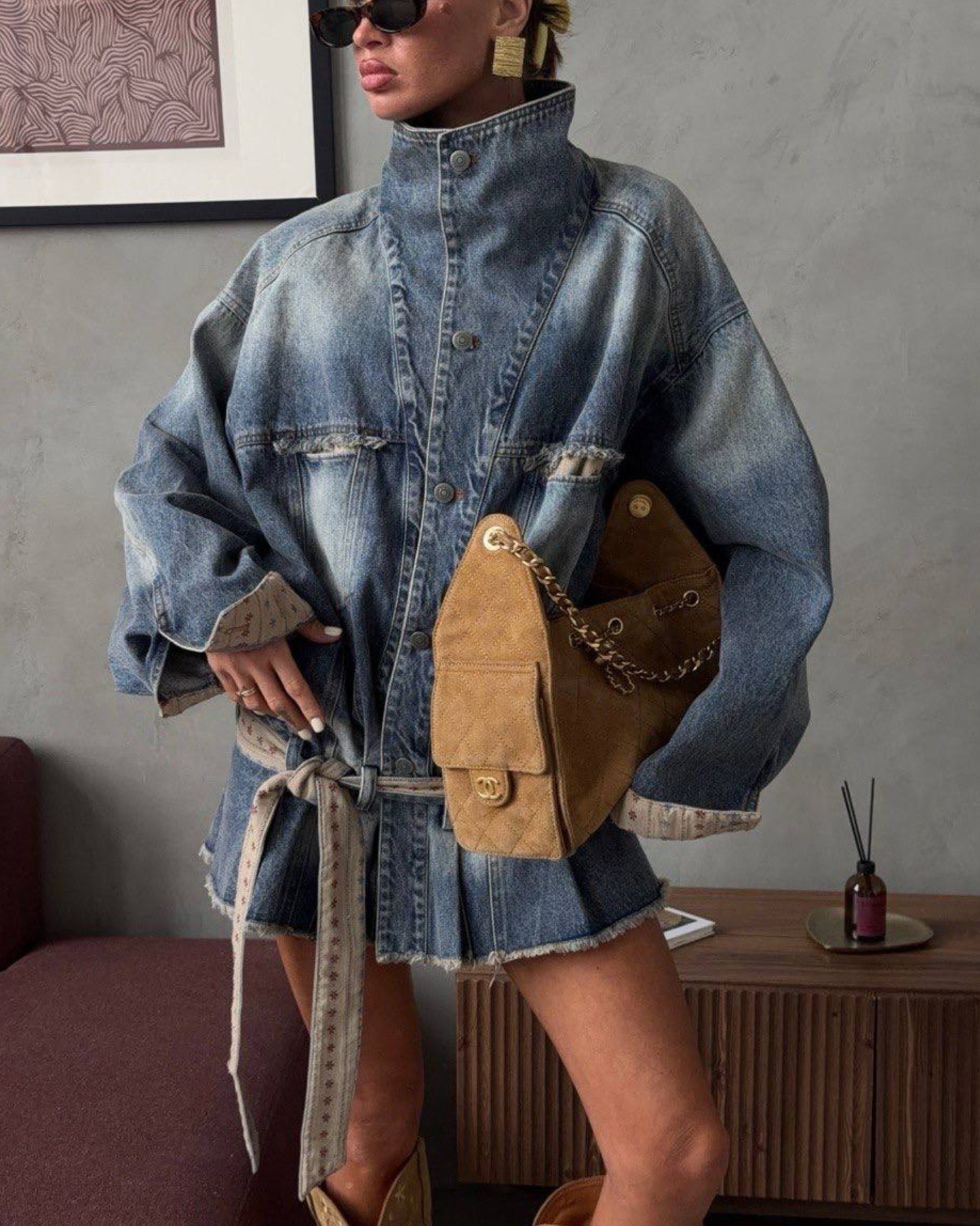Oversized vintage mini Denim Jacket- Dress with Wash Distressed Denim