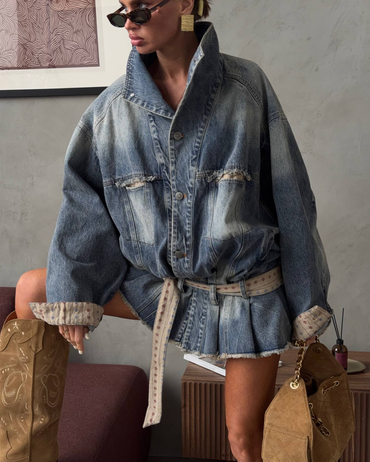 Oversized vintage mini Denim Jacket- Dress with Wash Distressed Denim