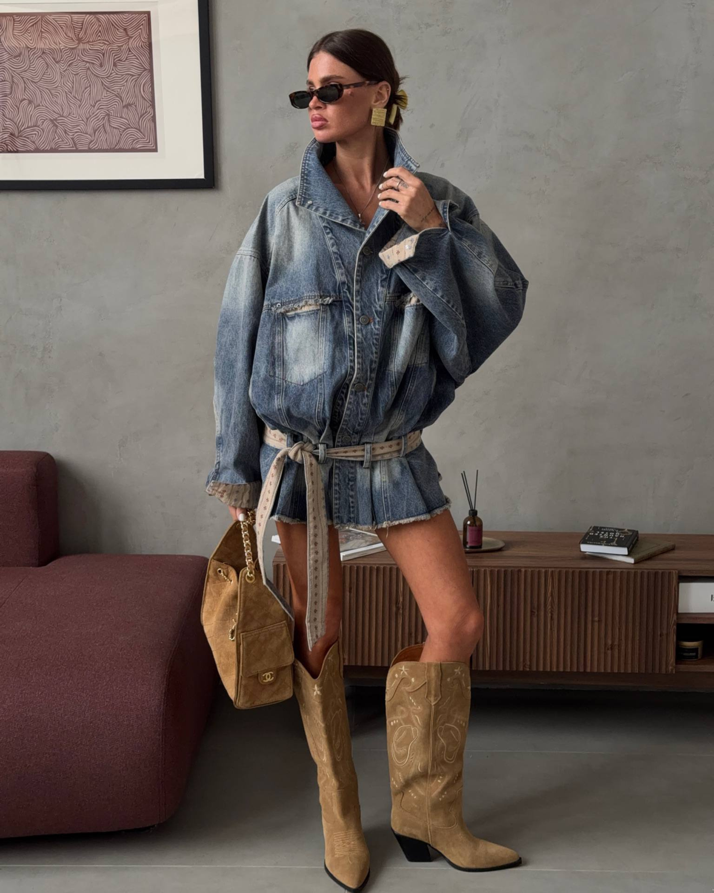 Oversized vintage mini Denim Jacket- Dress with Wash Distressed Denim