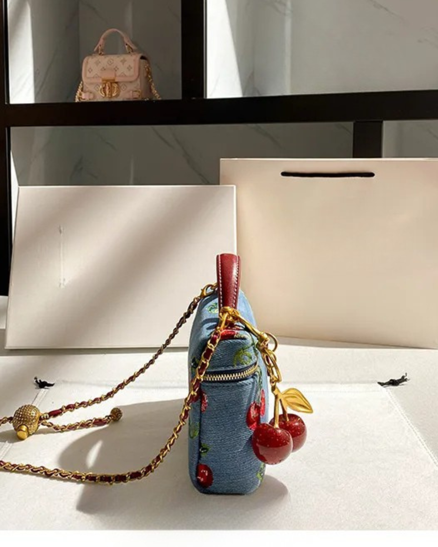 “ Cherry Blossom” Denim Embroidered  Bag