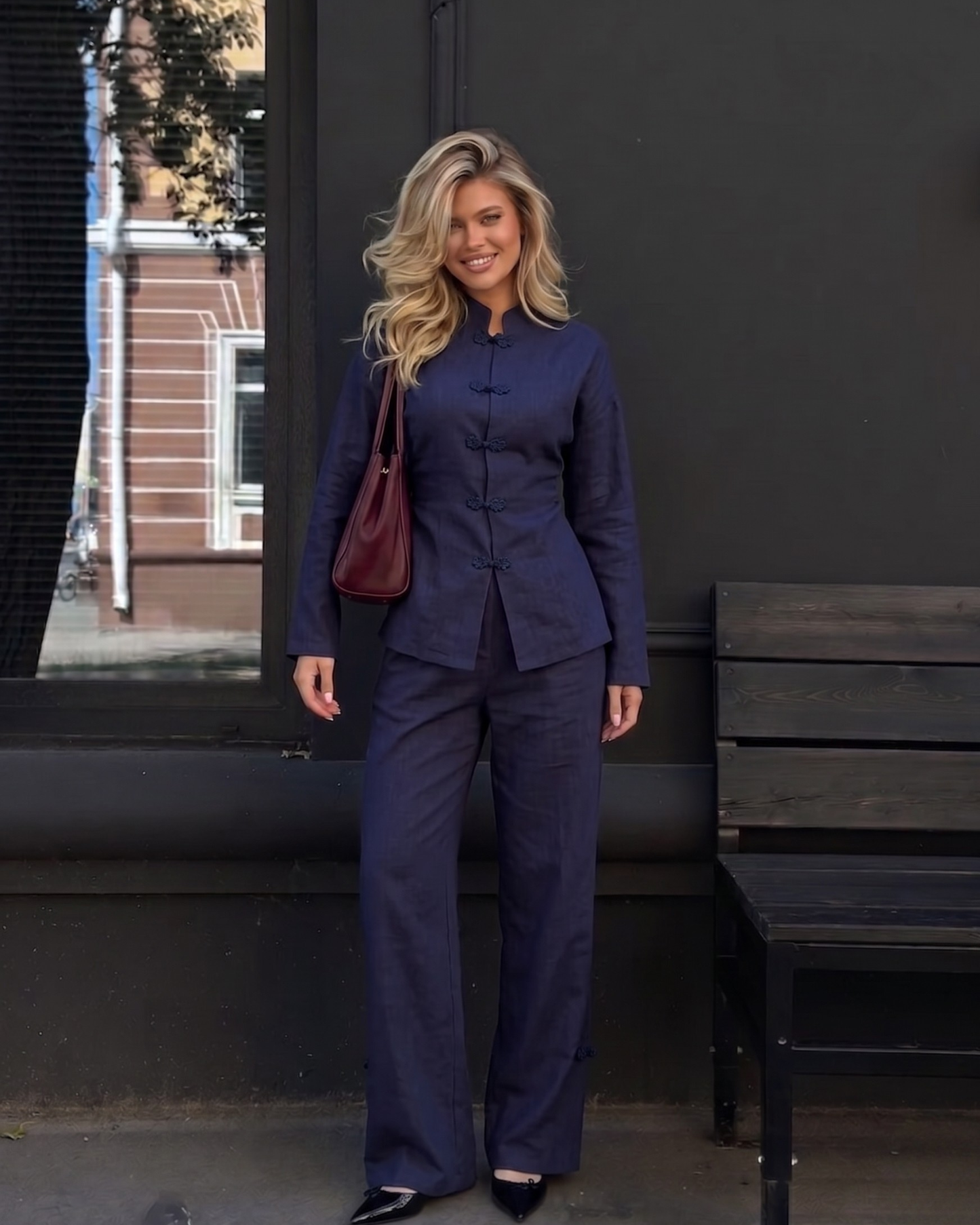 Woman’s summer Two pieces set with Mandarin  Frog Button Top and Wide-Leg Pants