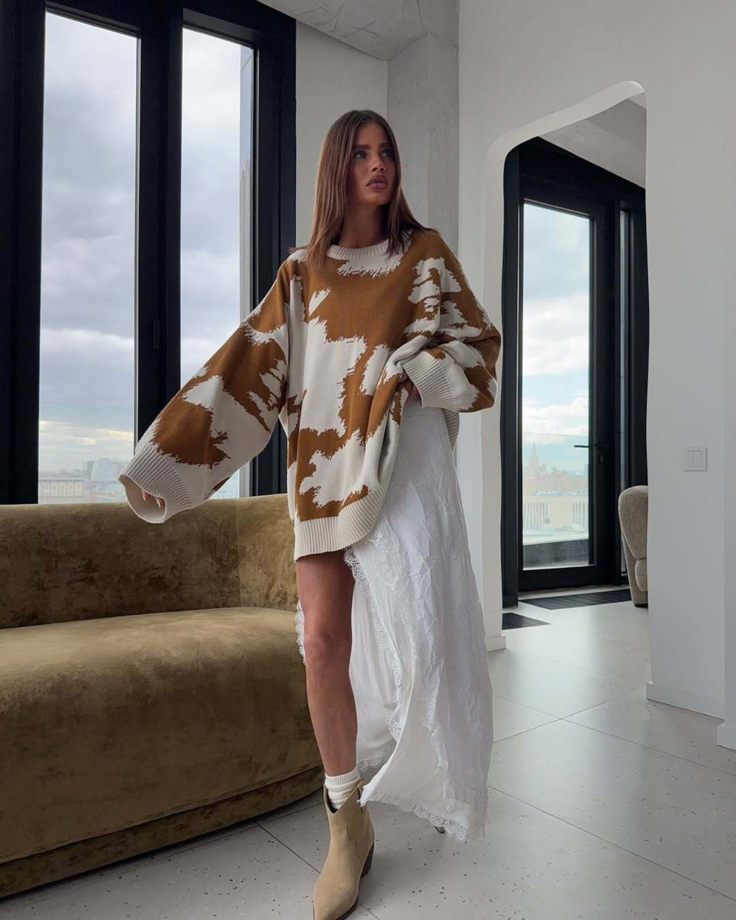 Oversized Chunky Abstract Patterned knit  Sweater Pullover Drop Shoulder