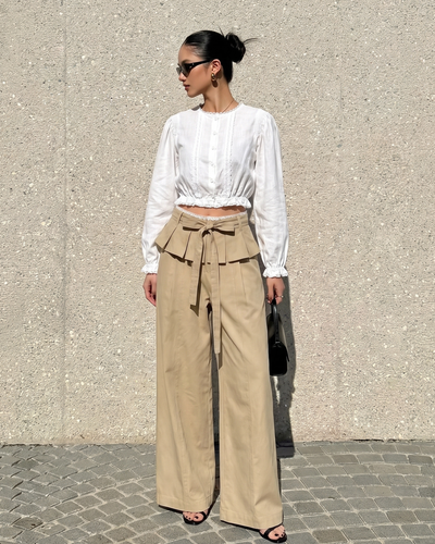 Lace-Trim Cotton Matching Set – Blouse & Wide-Leg Pants