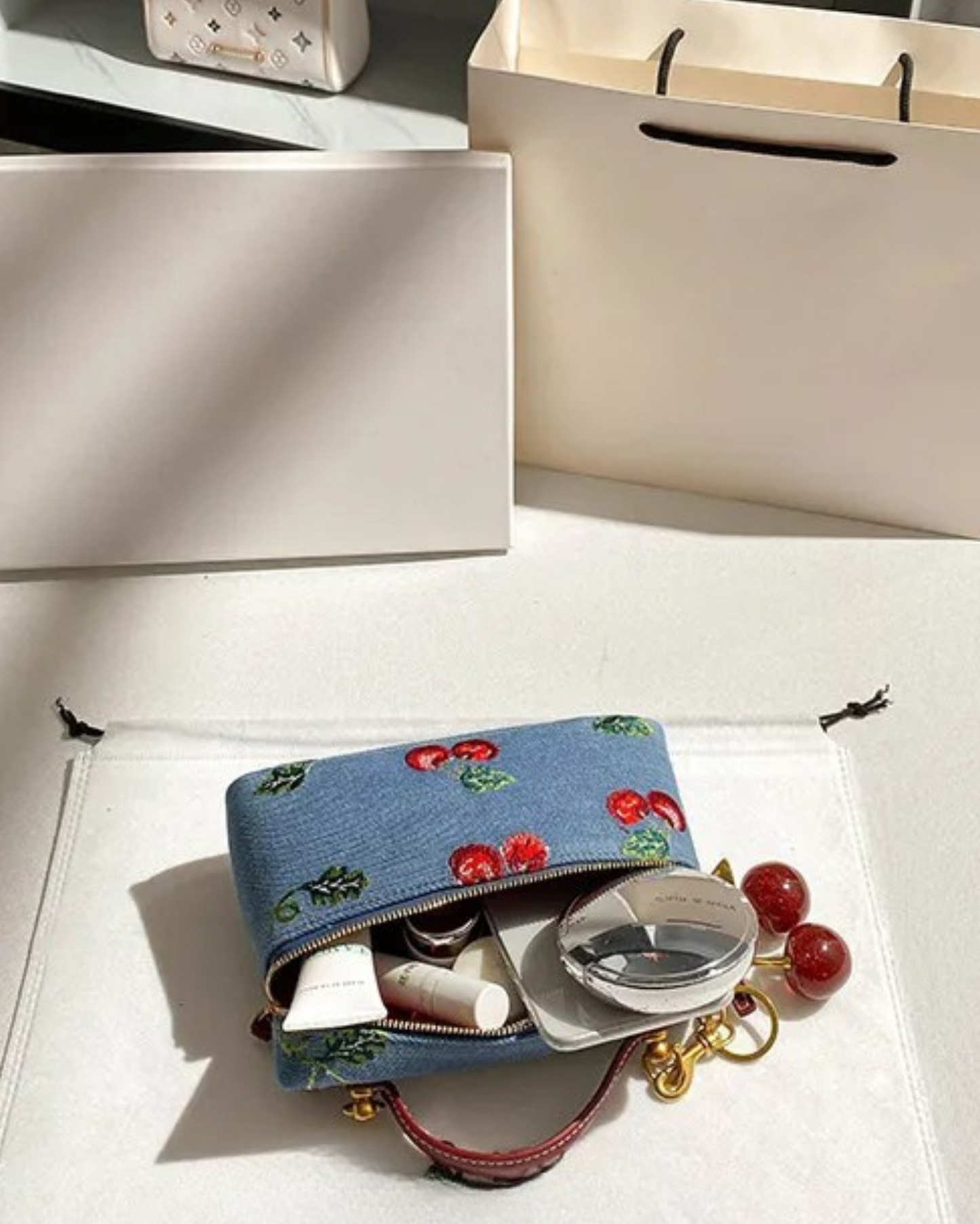 “ Cherry Blossom” Denim Embroidered  Bag