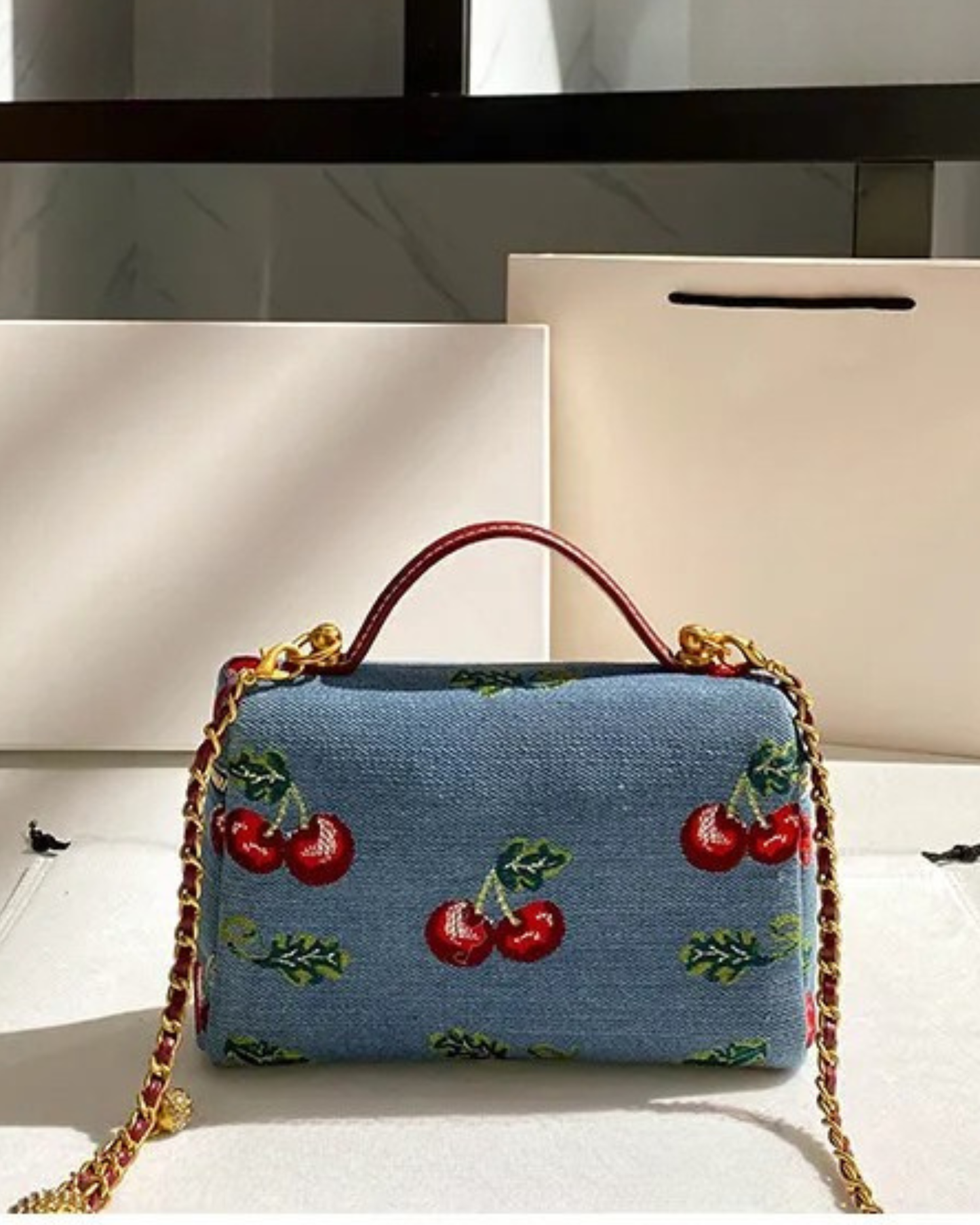 “ Cherry Blossom” Denim Embroidered  Bag
