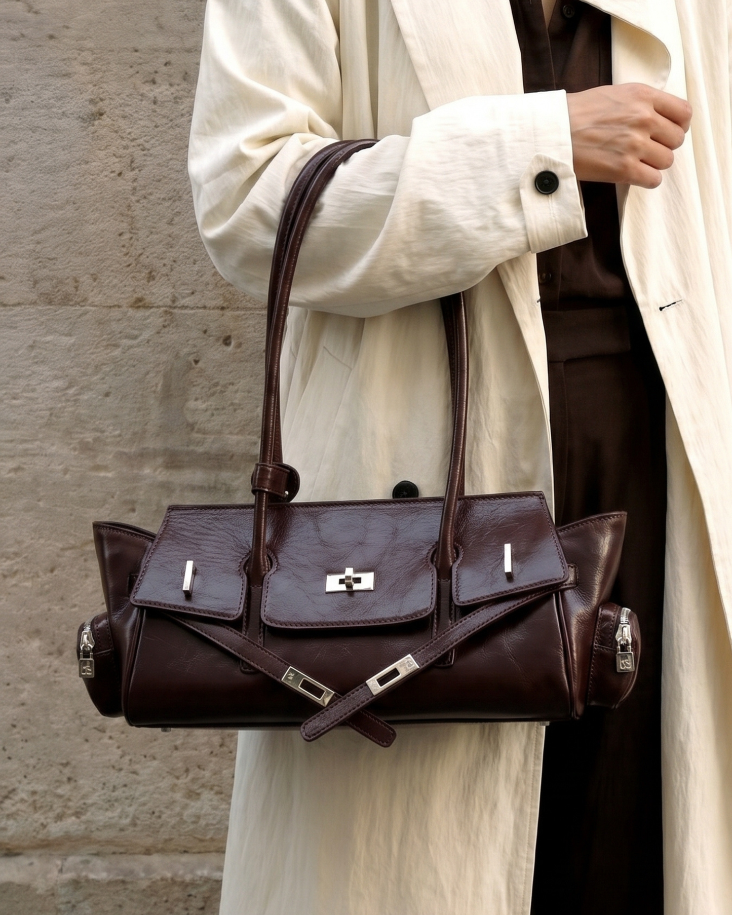 Genuine Leather Structured Shoulder Bag