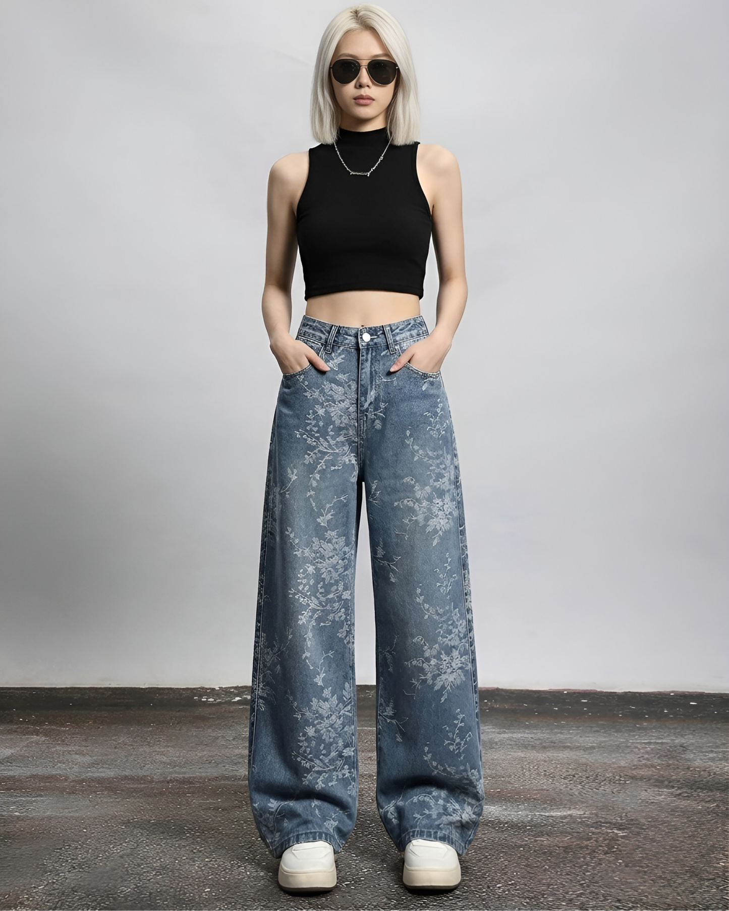 Oversized Relaxed Fit Floral Print Wide Leg Jeans - Vintage Blue