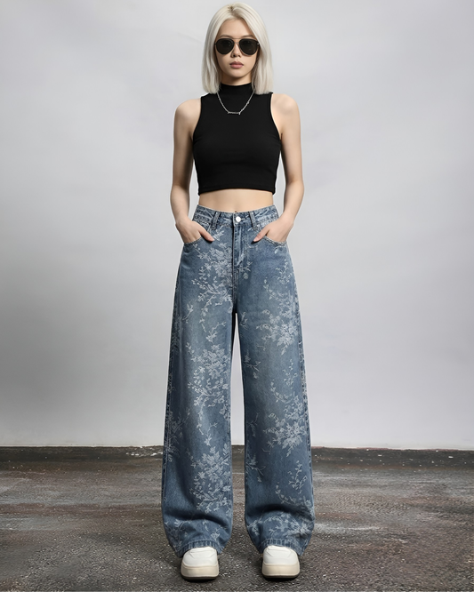 Oversized Relaxed Fit Floral Print Wide Leg Jeans - Vintage Blue