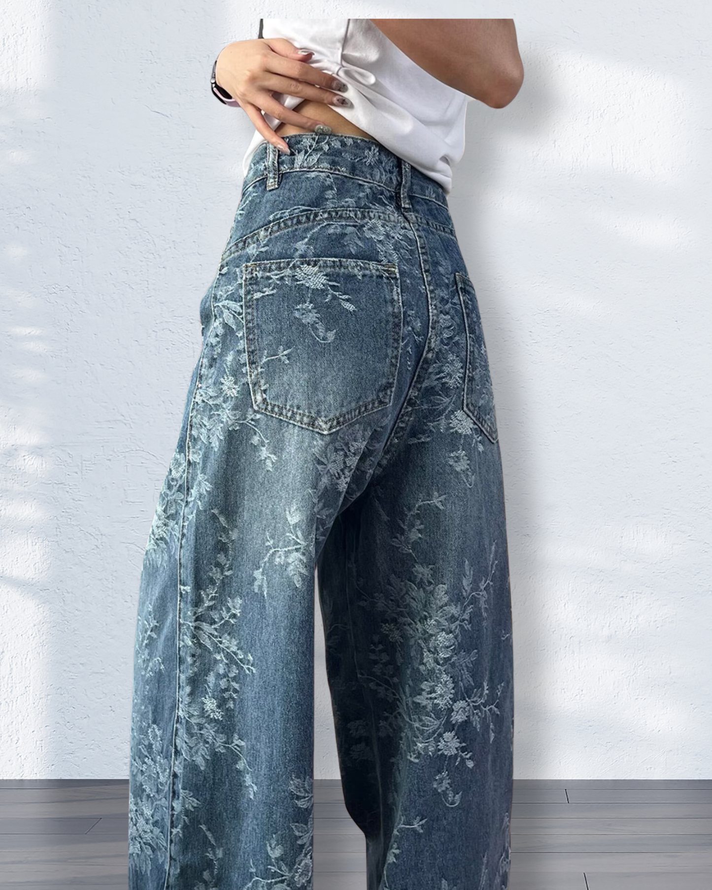 Oversized Relaxed Fit Floral Print Wide Leg Jeans - Vintage Blue