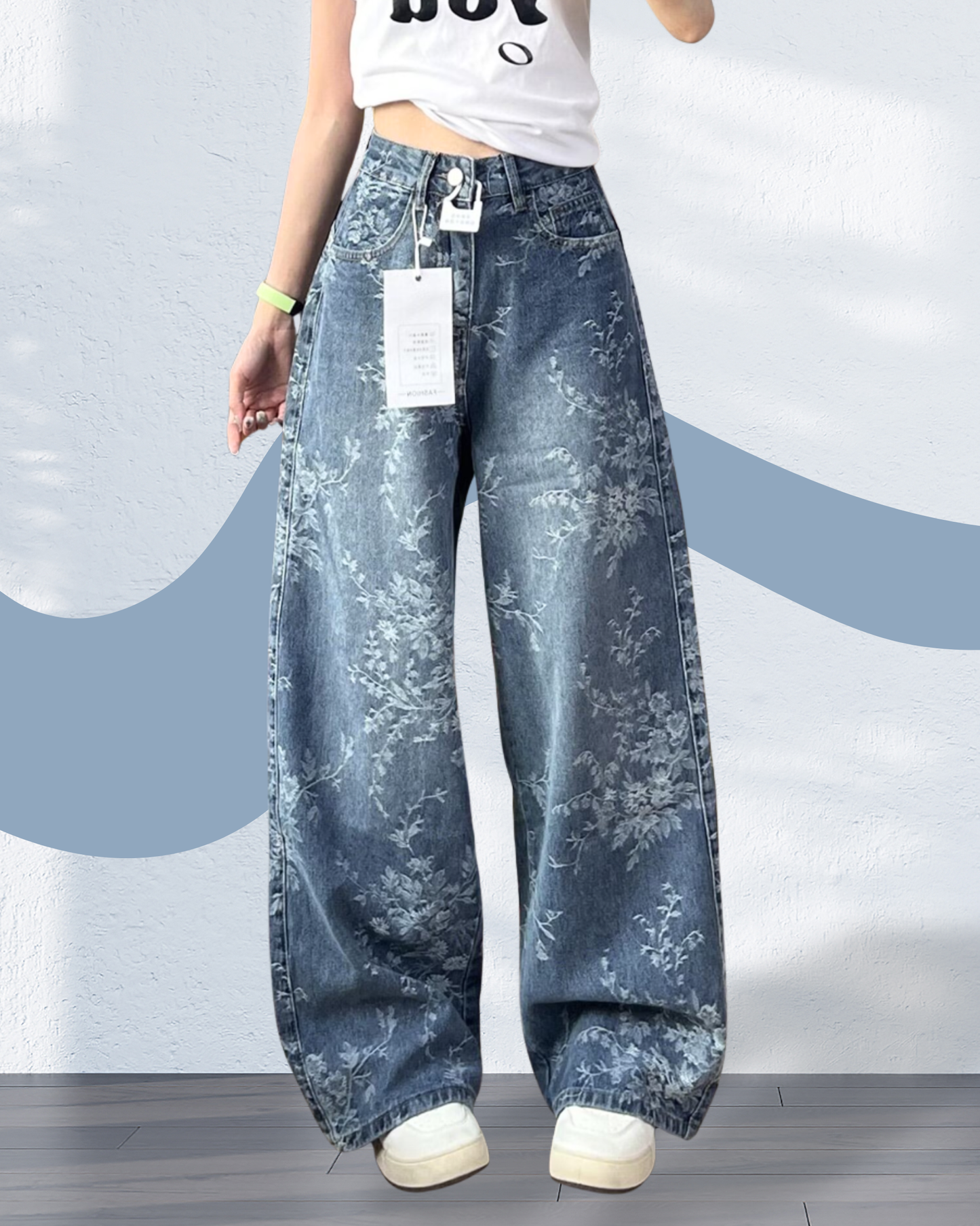 Oversized Relaxed Fit Floral Print Wide Leg Jeans - Vintage Blue