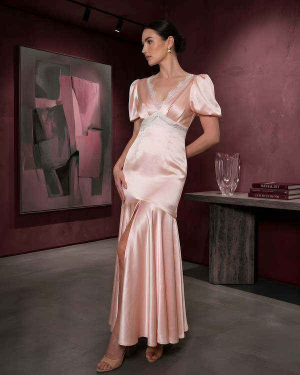 Blush Pink Satin Maxi Dress with Puff Sleeves for Women  Evening Gown