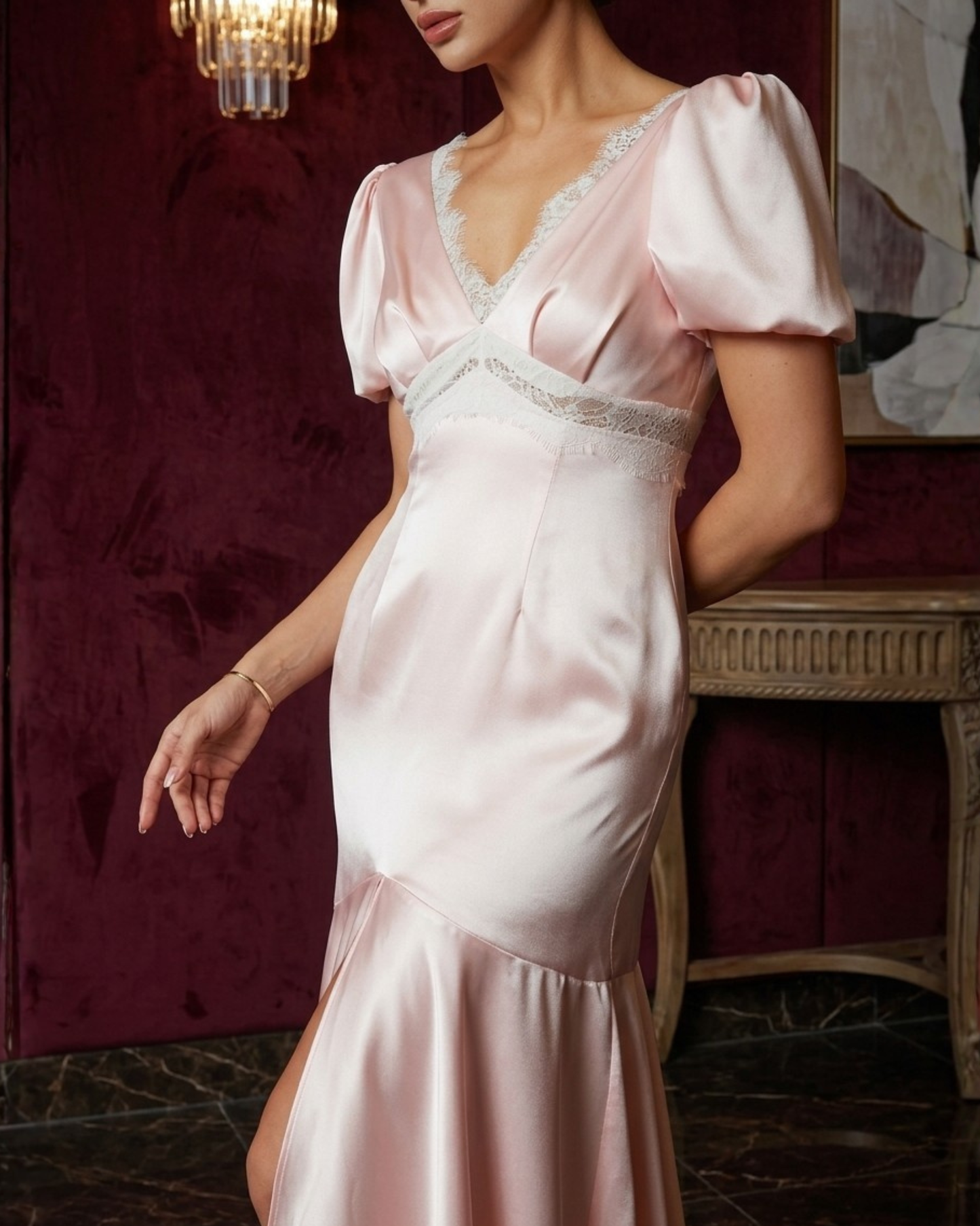 Blush Pink Satin Maxi Dress with Puff Sleeves for Women  Evening Gown