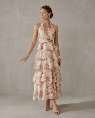 Elegant  Romantic Garden Floral Tiered Halter Midi Dress