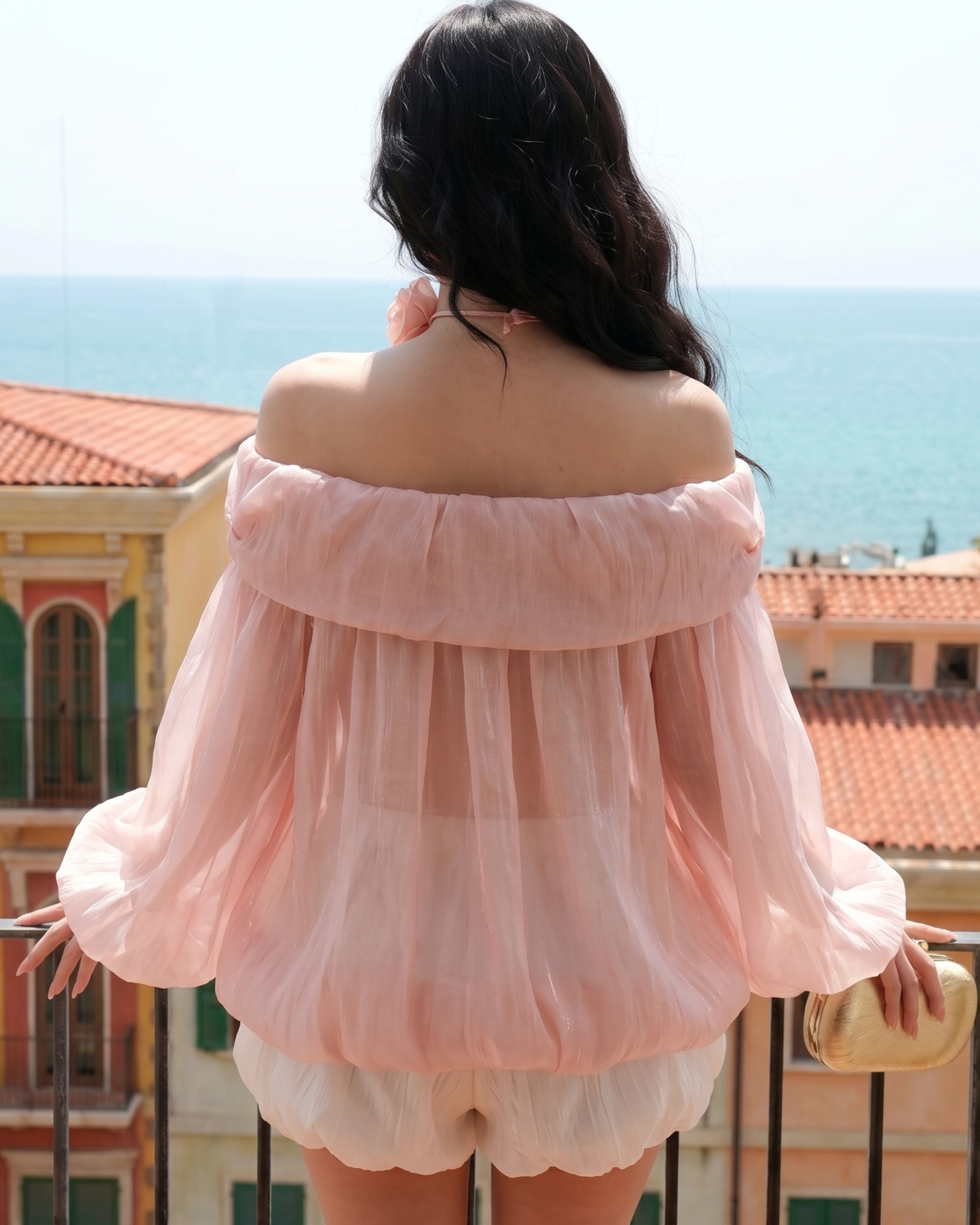 Off-the-Shoulder Sheer Blouse with Floral Appliqué