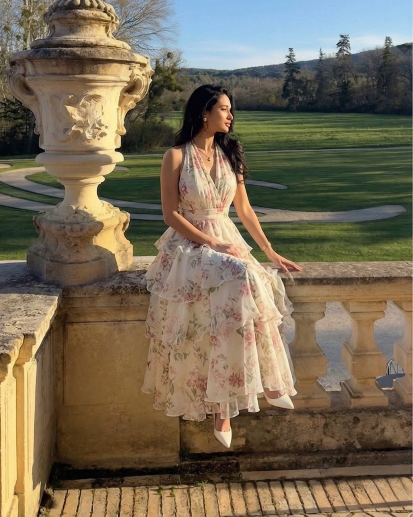 Elegant  Romantic Garden Floral Tiered Halter Midi Dress