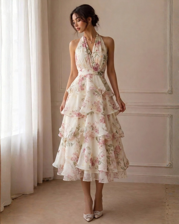 Elegant  Romantic Garden Floral Tiered Halter Midi Dress