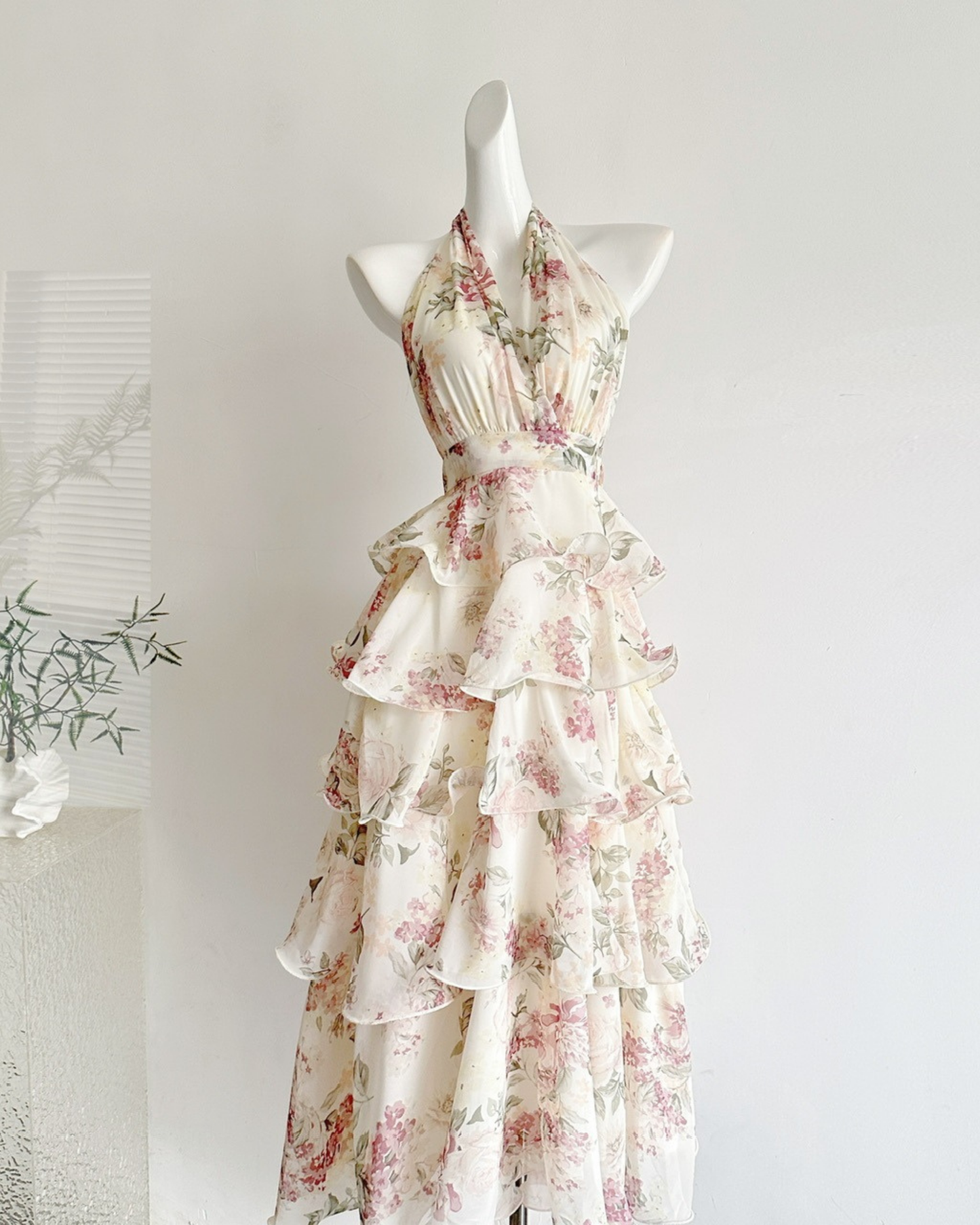 Elegant  Romantic Garden Floral Tiered Halter Midi Dress