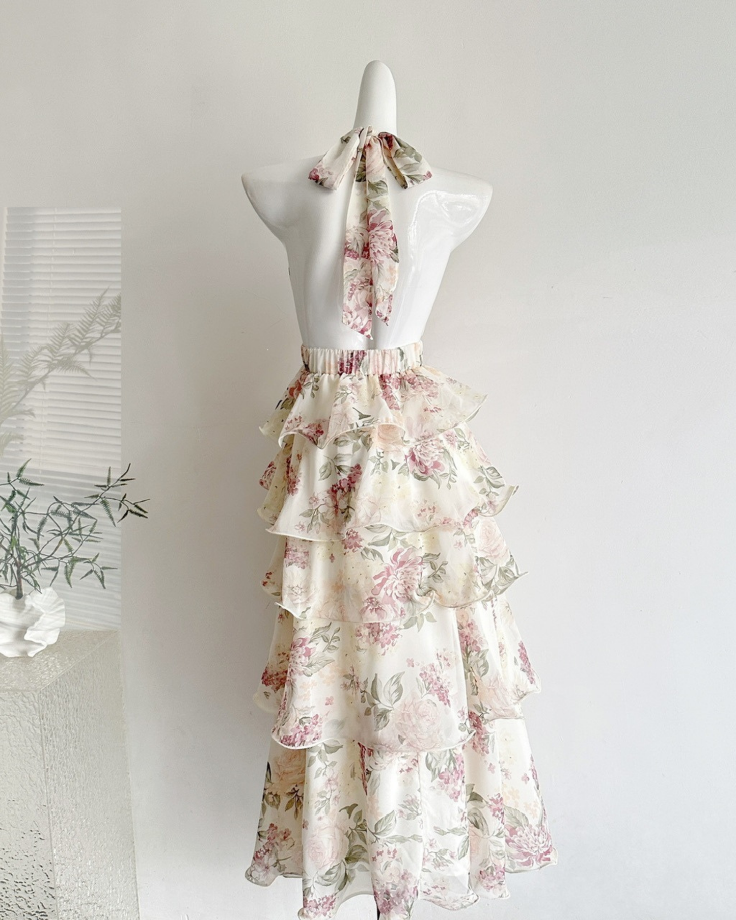 Elegant  Romantic Garden Floral Tiered Halter Midi Dress