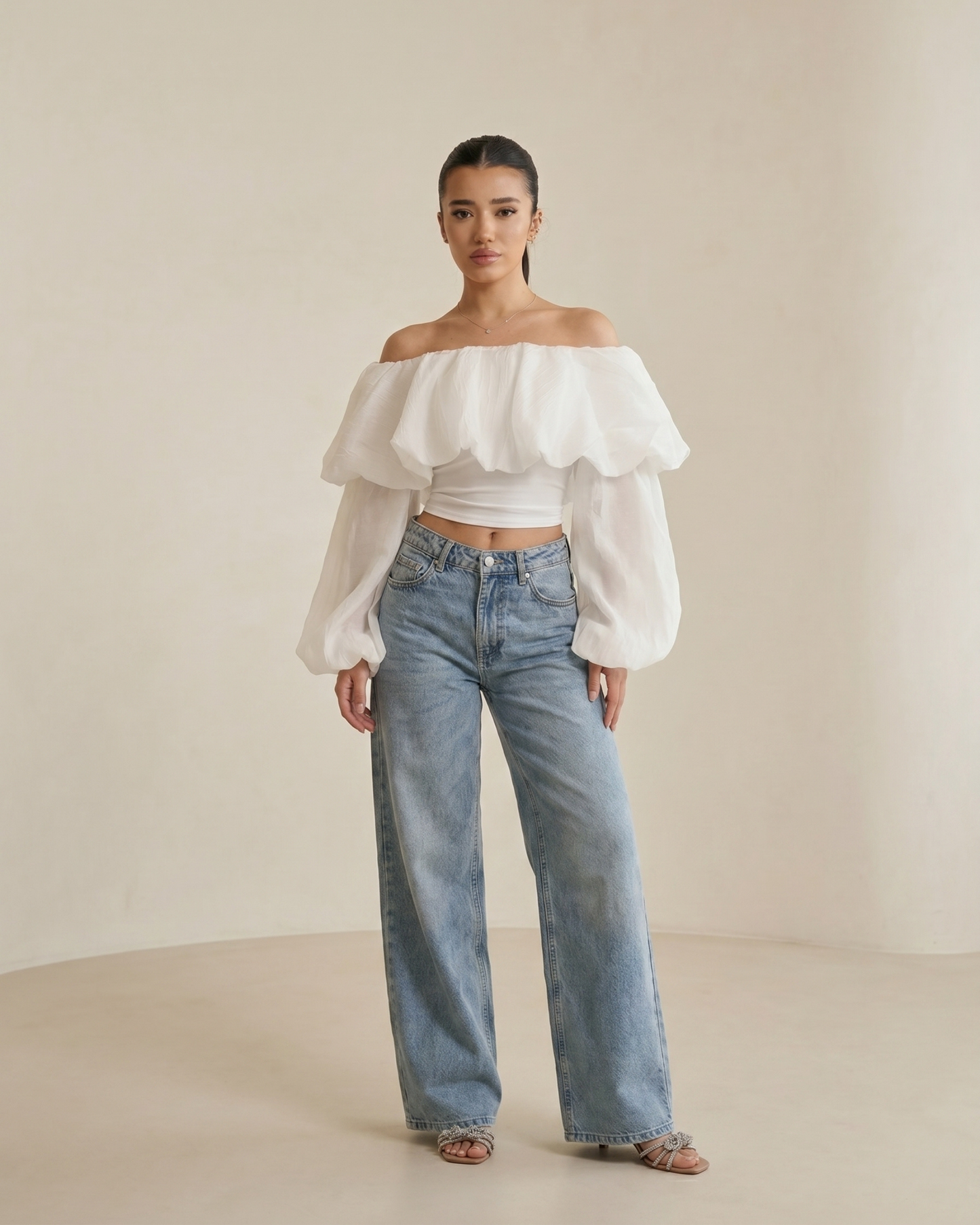 Romantic White Bardot Puff Sleeve Top  Off-Shoulder Blouse