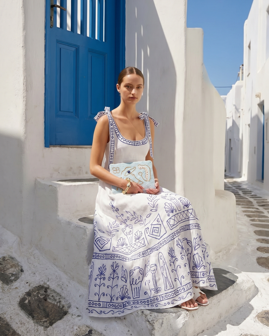 Robe d'été Midi méditerranéenne Bretelles à nouer style villégiature