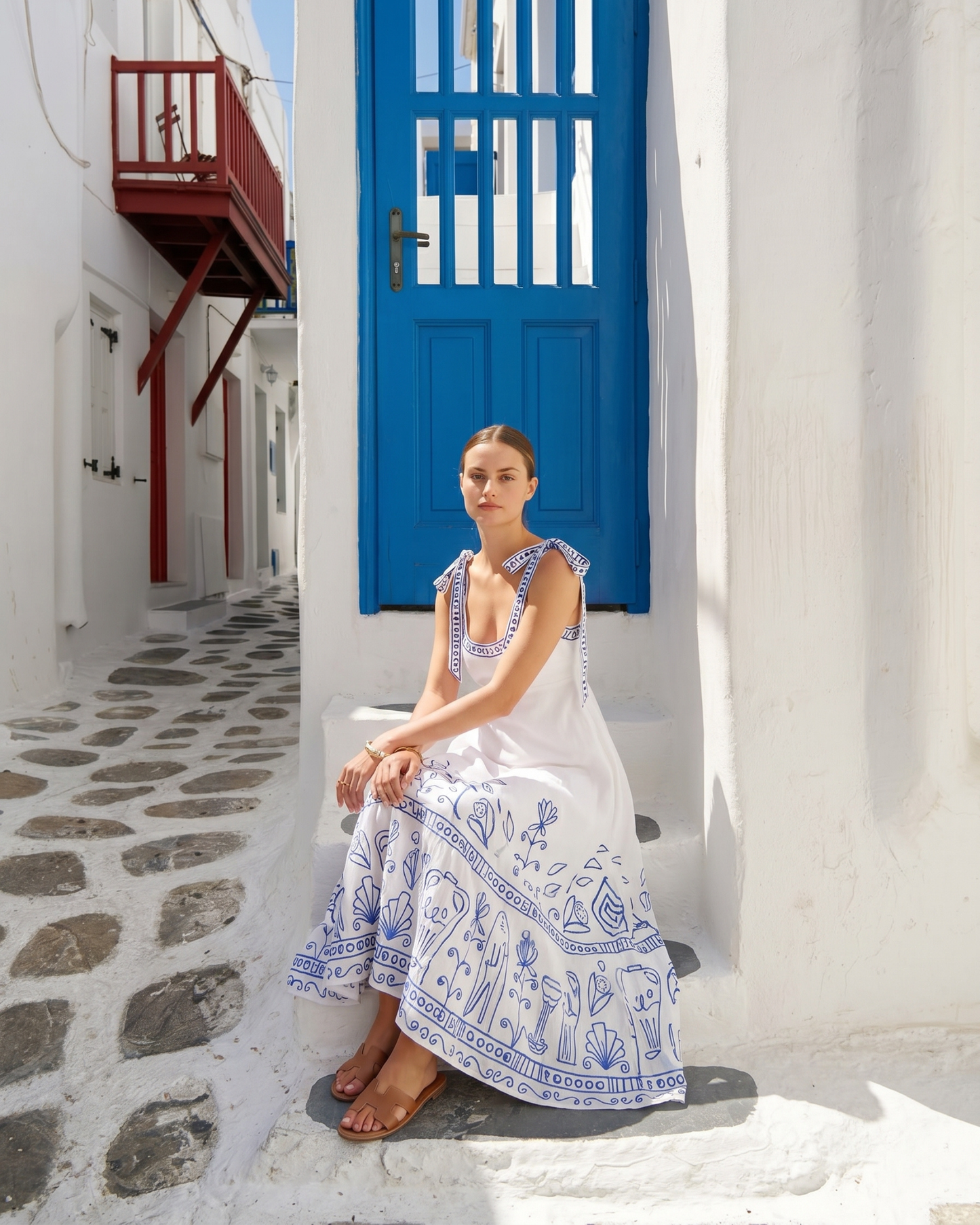 Mediterranean Midi Summer Dress Resort-Style Tie Straps