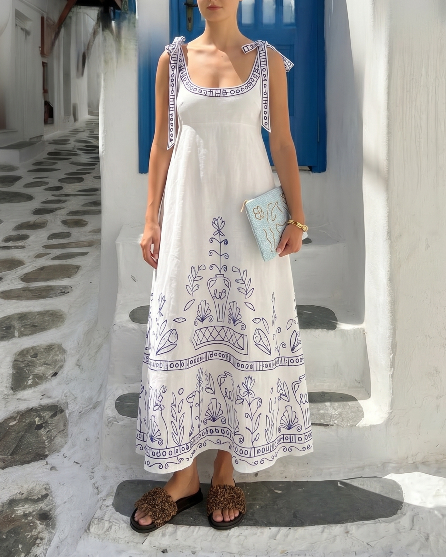Mediterranean Midi Summer Dress Resort-Style Tie Straps