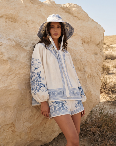 Ramie Embroidered Two-Piece Shorts Set for Women