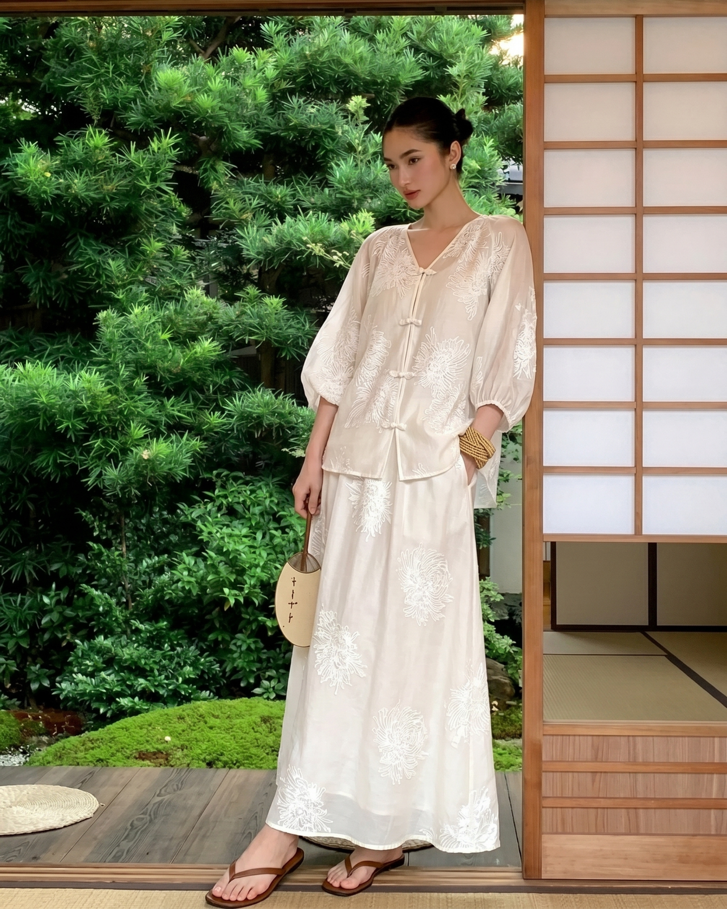 Traditional White Embroidered Two-Piece Maxi Skirt summer dress Set