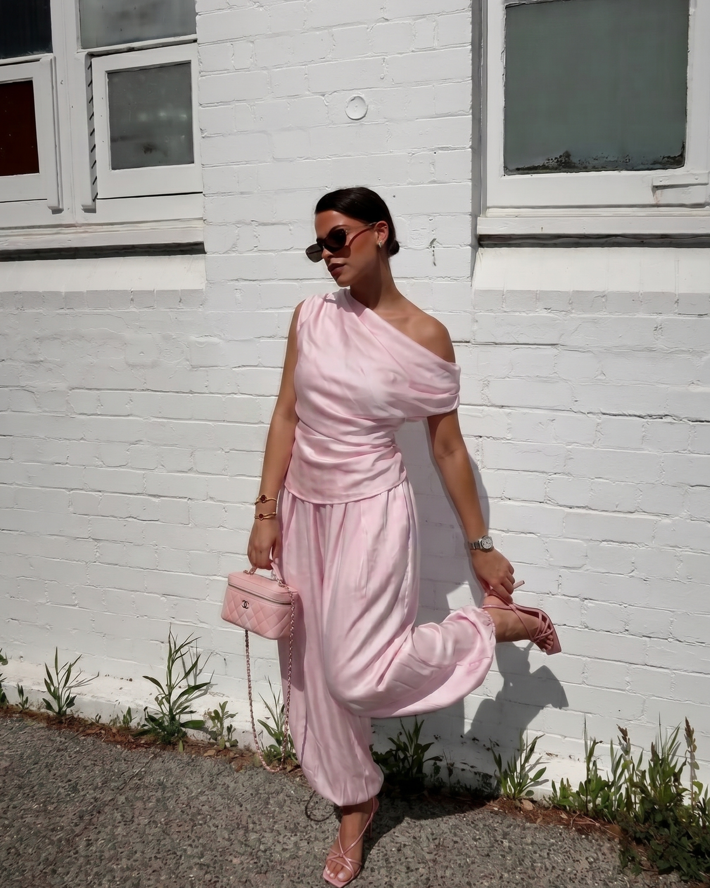 Woman’s Asymmetrical 2 two Pieces set One-Shoulder Draped Patchwork Top and Balloon Pants .