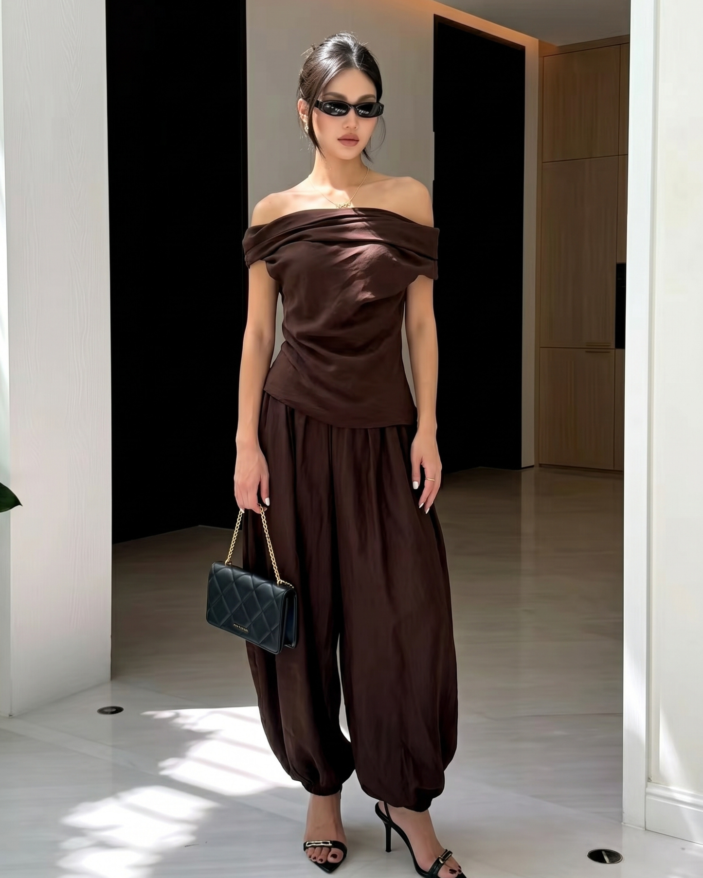 Woman’s Asymmetrical 2 two Pieces set One-Shoulder Draped Patchwork Top and Balloon Pants .