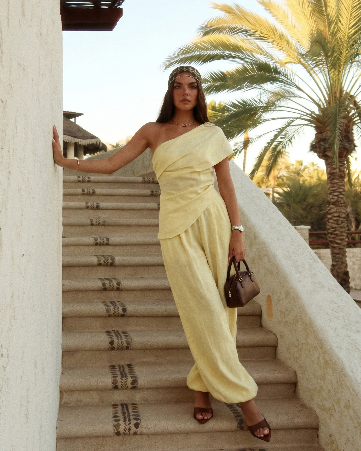Woman’s Asymmetrical 2 two Pieces set One-Shoulder Draped Patchwork Top and Balloon Pants .