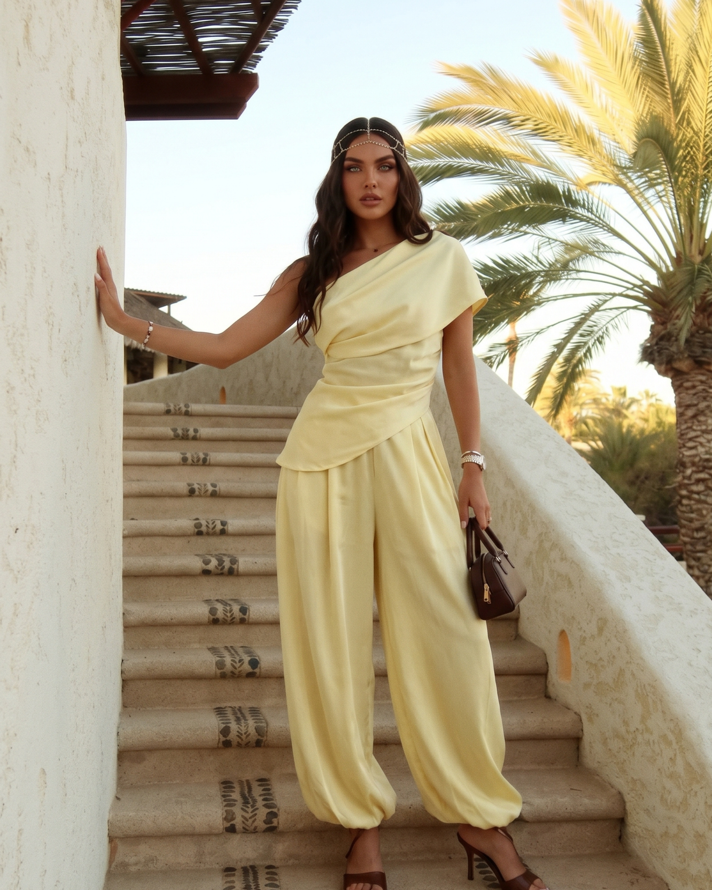 Woman’s Asymmetrical 2 two Pieces set One-Shoulder Draped Patchwork Top and Balloon Pants .